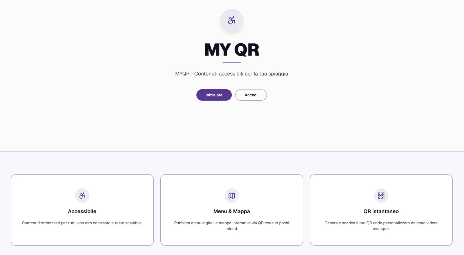 Pagina di MyQR: contenuti accessibili, menu e mappa, QR code istantaneo