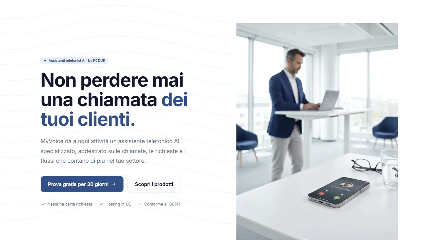 Pagina di MyVoice: assistente telefonico AI con prova gratuita di 30 giorni